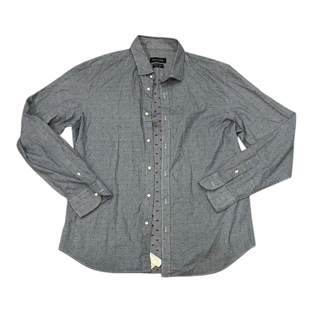 Massimo Dutti Gray Polka Dot Herringbone Cotton Button Up Shirt XL